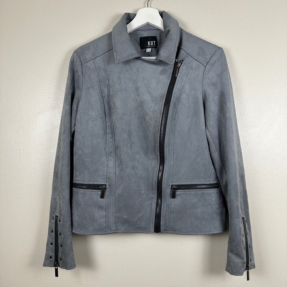 KUT from the Kloth‎ Women's S Moto Jacket Grey Faux Suede Asymmetric Zip Biker